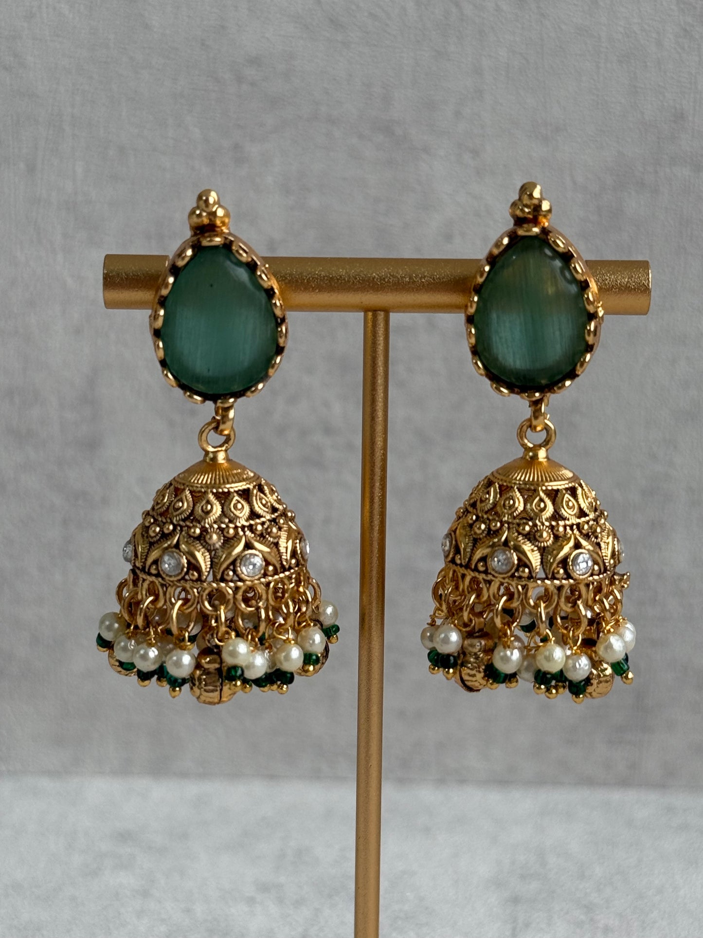 Ayura Designs Urvashi Set – Antique Gold Necklace & Jhumkis with Mint Green Stone, Ruby & Pearl Detailing