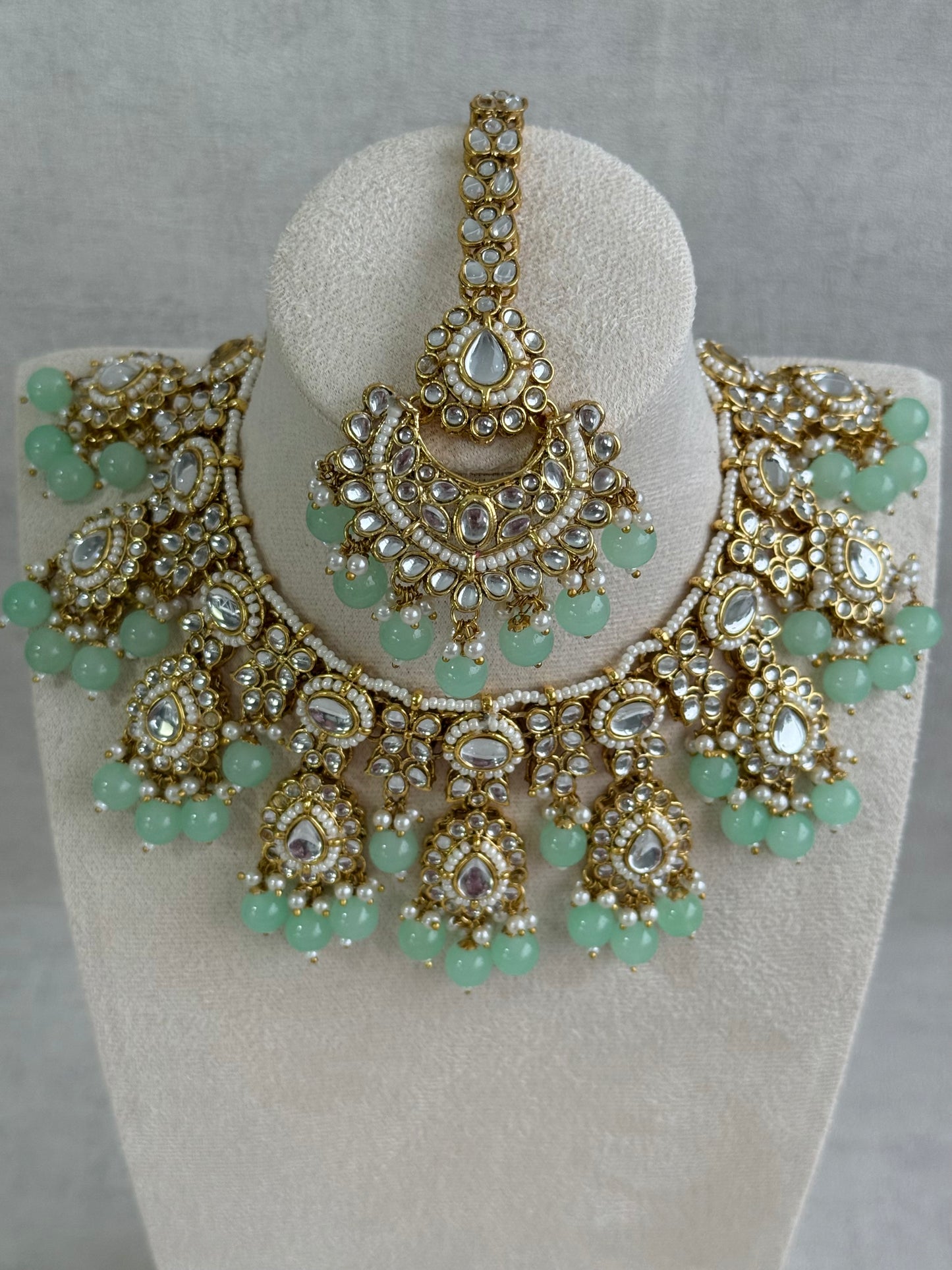 Ayura Designs Iyla Set with Necklace, Earrings & Tikka – Kundan Detailing, Ivory Pearl Drops & Mint Beads