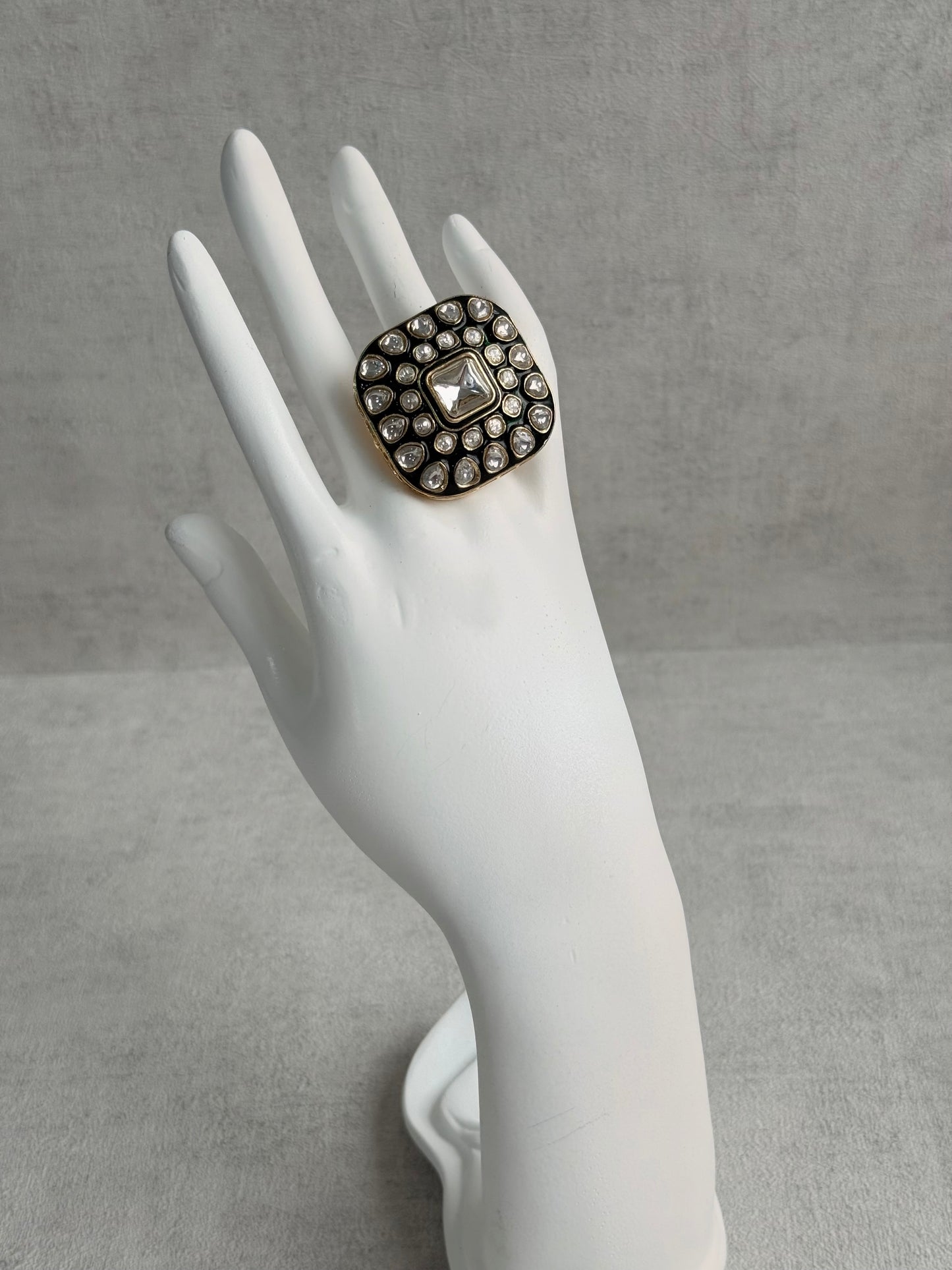 Ayura Designs Arzoo Adjustable Ring – Mirror-Cut Stone Centre with Green Enamel & Crystal Detailing