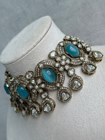 Ayura Designs Emanya Choker Set – Choker, Earrings & Tikka with Mirror-Cut Stones, Turquoise Blue & Antique Gold Detailing