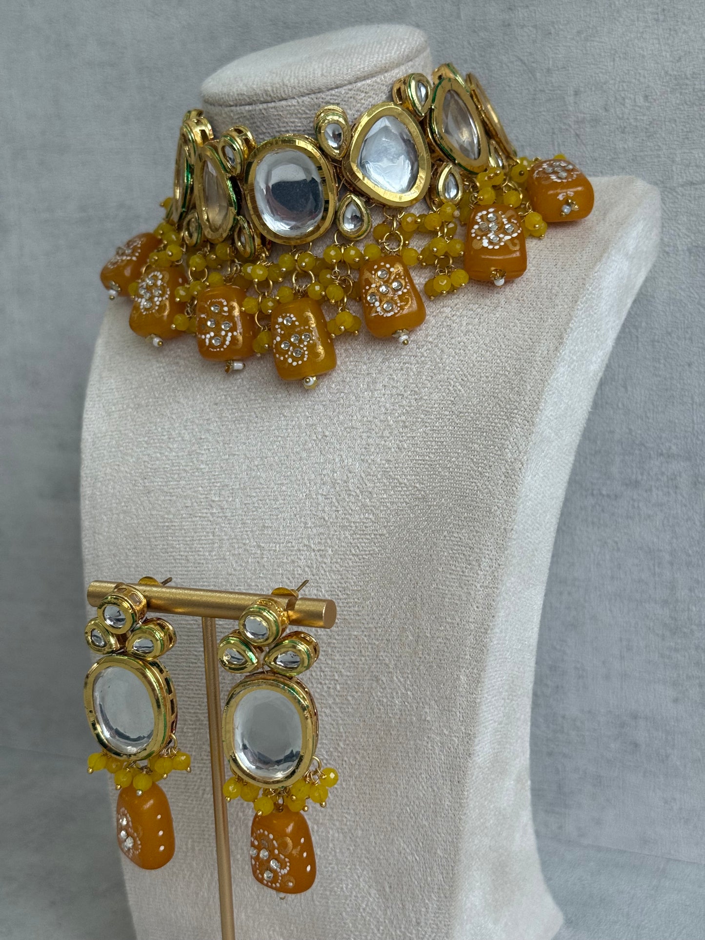Ayura Designs Gyan Set With Choker And Earrings – Kundan Stones And Mustard Yellow Meenakari Drops