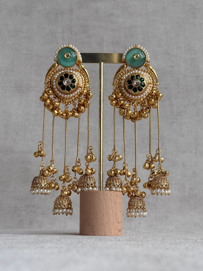 Ayura Designs Shagan Earrings – Mint Green Statement Earrings with Multi Jhumki Drops, Pearl Detailing & Ghungroo Accents