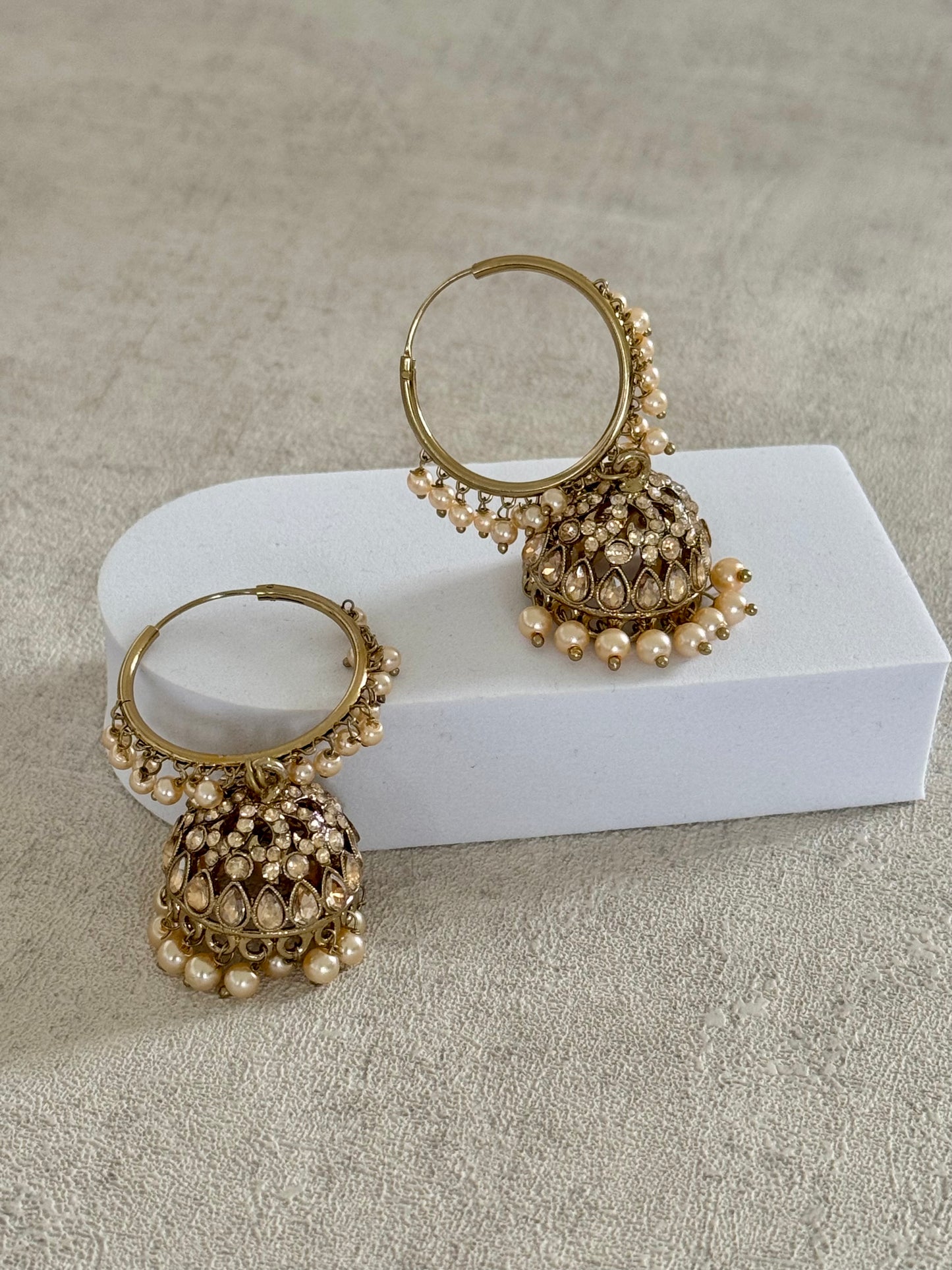 Ayura Designs Jugni Bali Jhumkas – Antique Gold with Ivory Pearl Accents