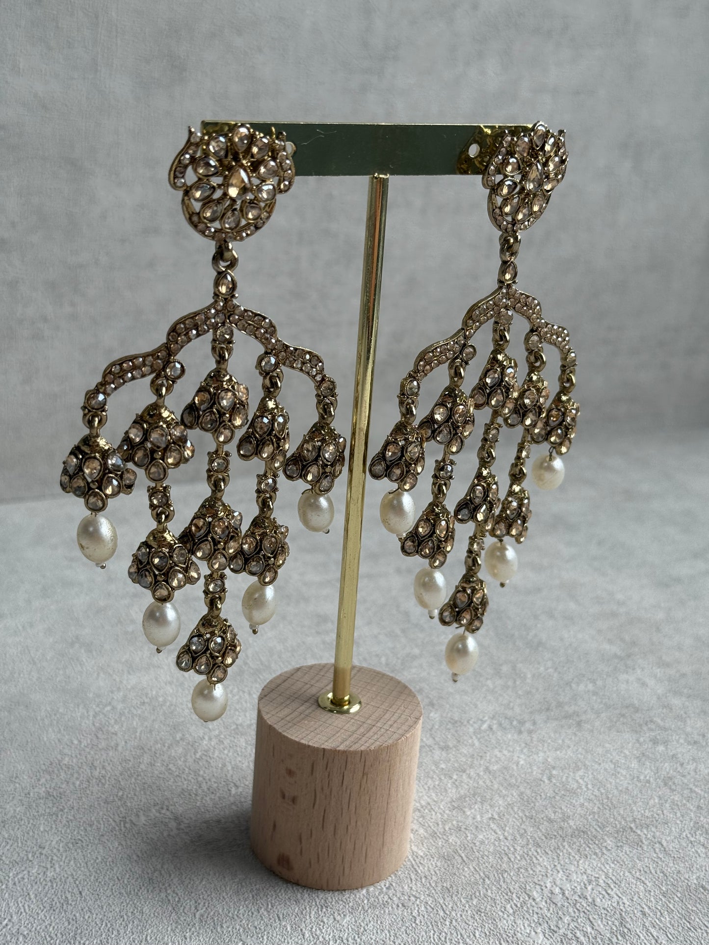 Ayura Designs Jasmine Earrings – Chandelier Earrings with Ivory Pearl Drops & Antique Gold Detailing