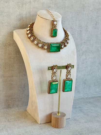 Ayura Designs Clara Set with Earrings & Tikka — Jade Green Moissanite Stones and Antique Gold Finish