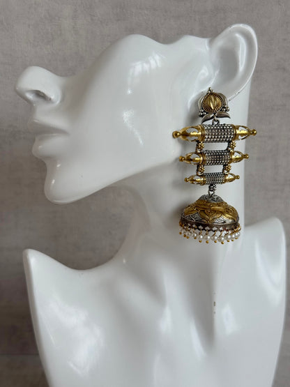 Ayura Designs Tehzeeb Earrings – Dual Tone Oxidised Statement Jhumkis with Pearl Detailing