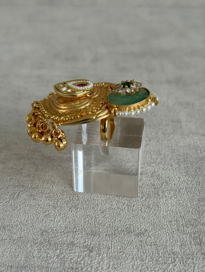 Ayura Designs Sorcha Adjustable Ring – Pistachio Green Enamel, Pearl Detailing, Antique Gold & Mirror-Cut Stones
