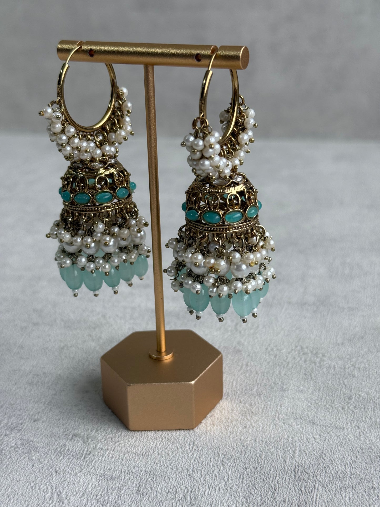 Ayura Designs Jugni Jhumkis – Antique Gold Balis with Aqua Beads & Pearl Clusters