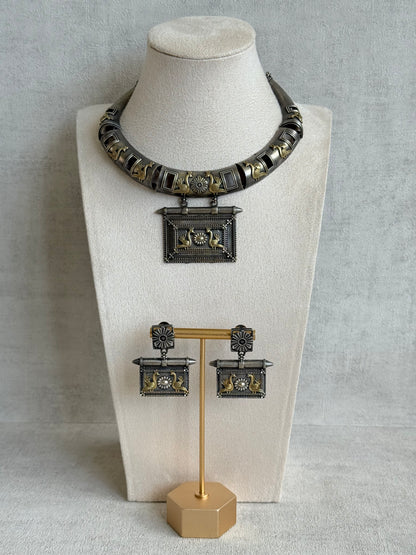 Ayura Designs Naina Necklace Set with Earrings – Dual Tone Oxidised Necklace with Bird Motifs, Black Stone Detailing & Statement Pendant