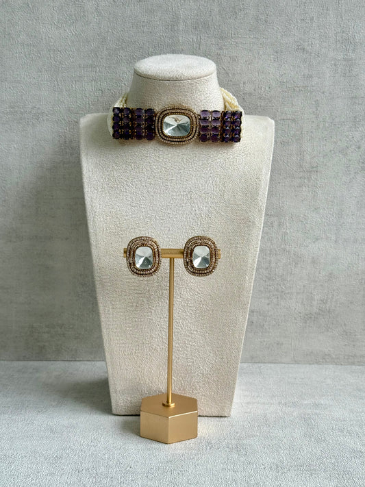 Ayura Designs Emma Choker Set – Deep Violet Gemstone Choker & Studs with Mirror-Cut Centrepiece, Pearl Strands & Crystal Borders