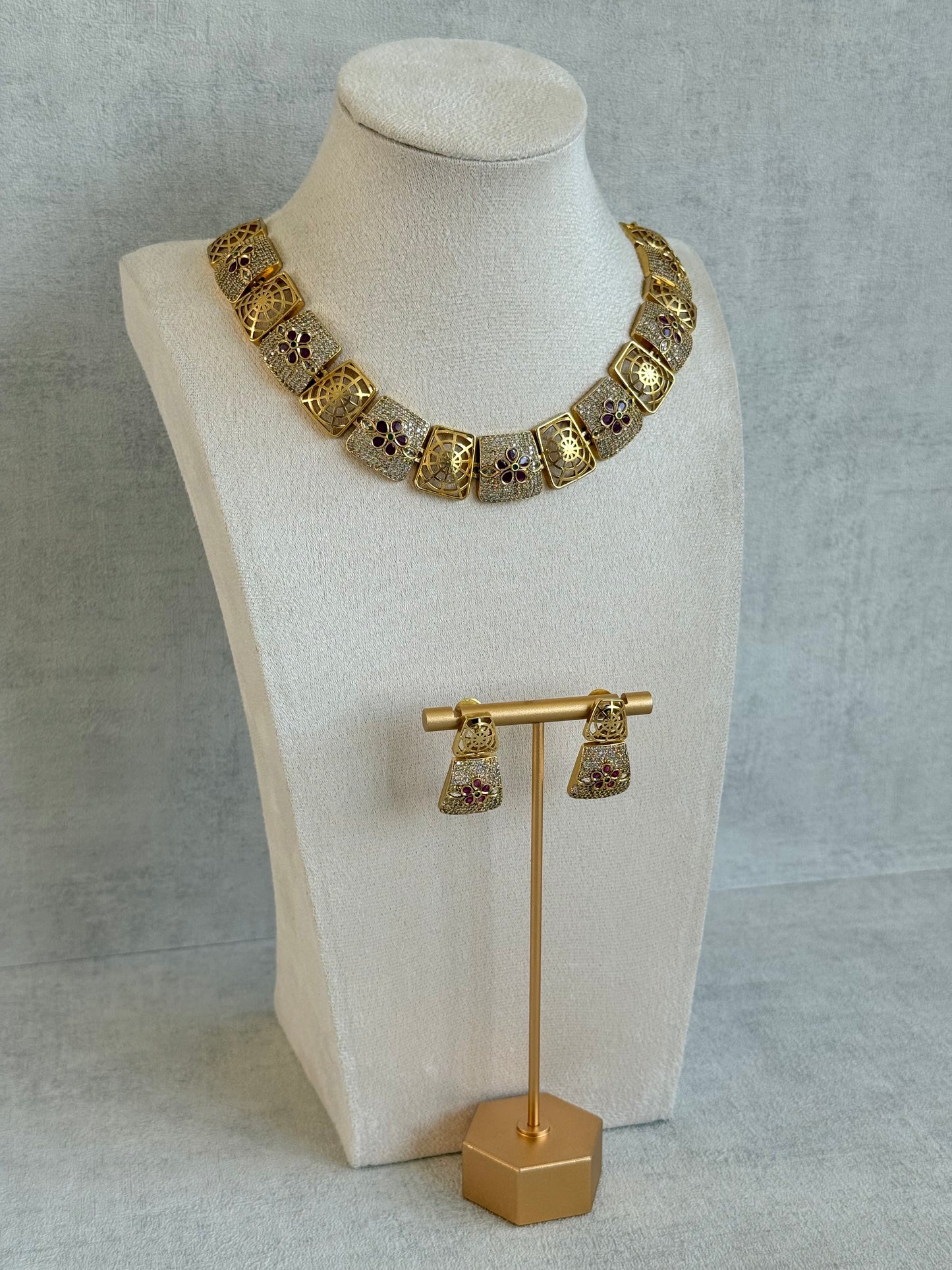 Ayura Designs Vibha Necklace & Stud Earrings Set – Gold Floral Statement Design with Ruby Pink & Crystal Detailing