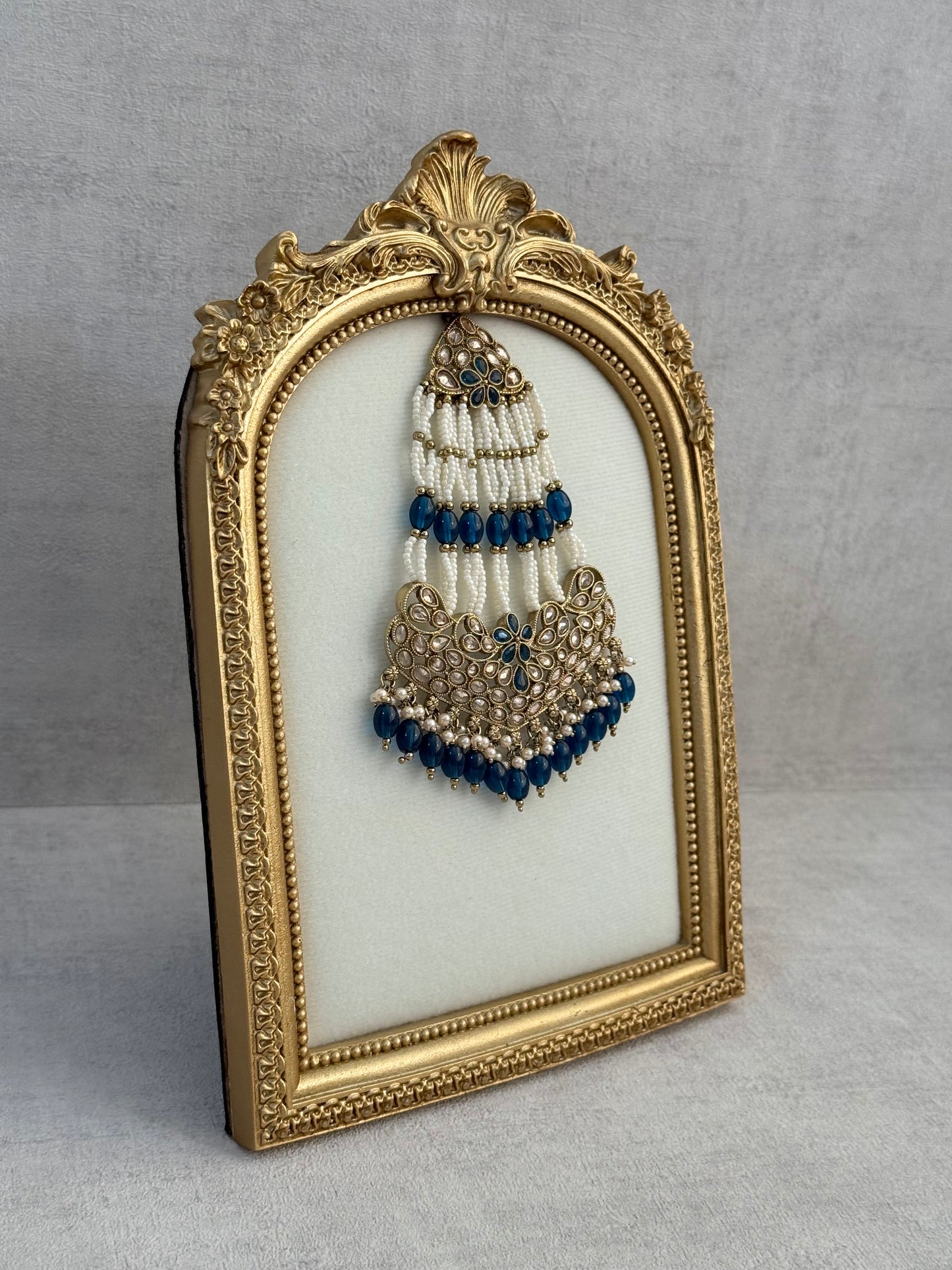 Ayura Designs Raya Jhoomar Passa – Ink Blue Beads with Kundan Detailing & Antique Gold Finish