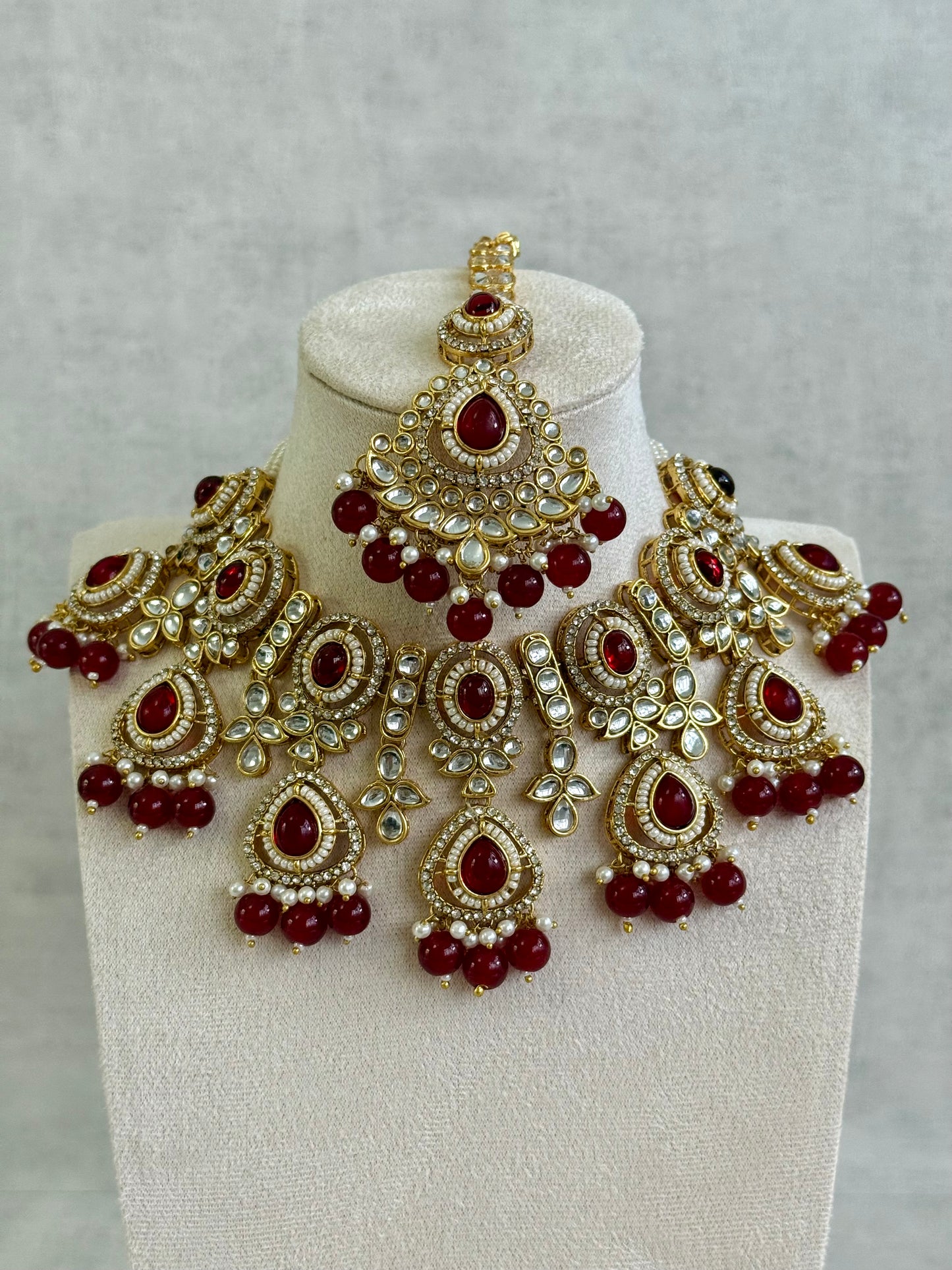 Ayura Designs Janvi Set with Necklace, Earrings & Tikka – Kundan Detailing, Ruby Red Beads & Ivory Pearl Drops