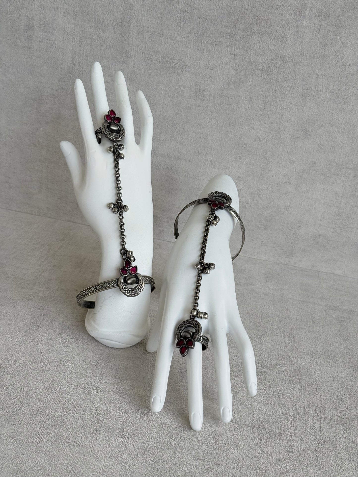 Ayura Designs Ishaana Haathphool Set of 2 – Oxidised Silver Hand Harness with Ruby Pink Stones & Ghungroo Detailing