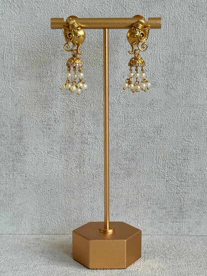 Ayura Designs Wadha Collar Necklace Set with Earrings – Gold Elephant Pendant & White Crystal Detailing
