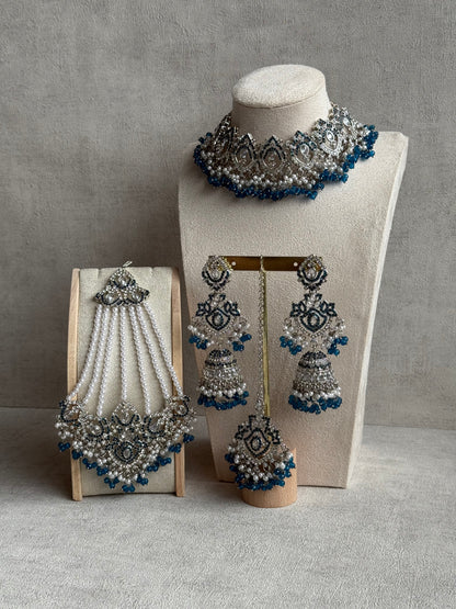 Ayura Designs Wania Set with Jhumkis, Tikka & Passa – Peacock Blue Beads, Mirror-Cut Stones & Antique Silver Finish