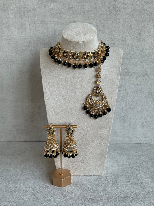 Ayura Designs Khwaab Set with Jhumkis & Tikka – Mirror-Cut Stones with Black Bead Detailing
