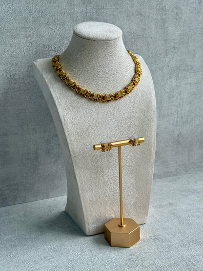 Ayura Designs Veda Set – Antique Gold Necklace & Stud Earrings with Elephant Motifs and Pink Stone Detailing