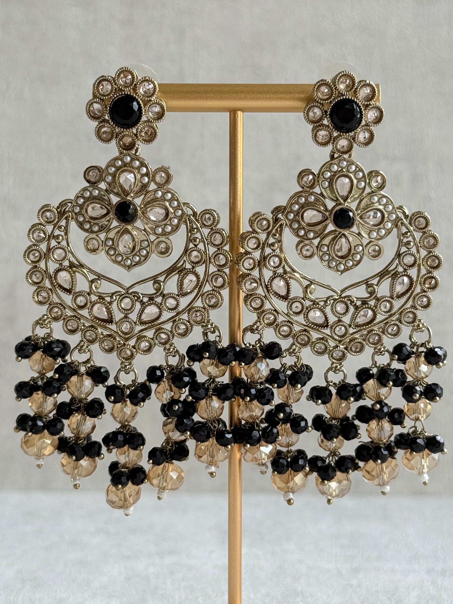 Ayura Designs Dilnaz Necklace Set with Earrings, Tikka & Passa – Black & Champagne Crystal Beads & Antique Gold Finish