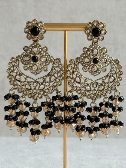 Ayura Designs Dilnaz Necklace Set with Earrings, Tikka & Passa – Black & Champagne Crystal Beads & Antique Gold Finish