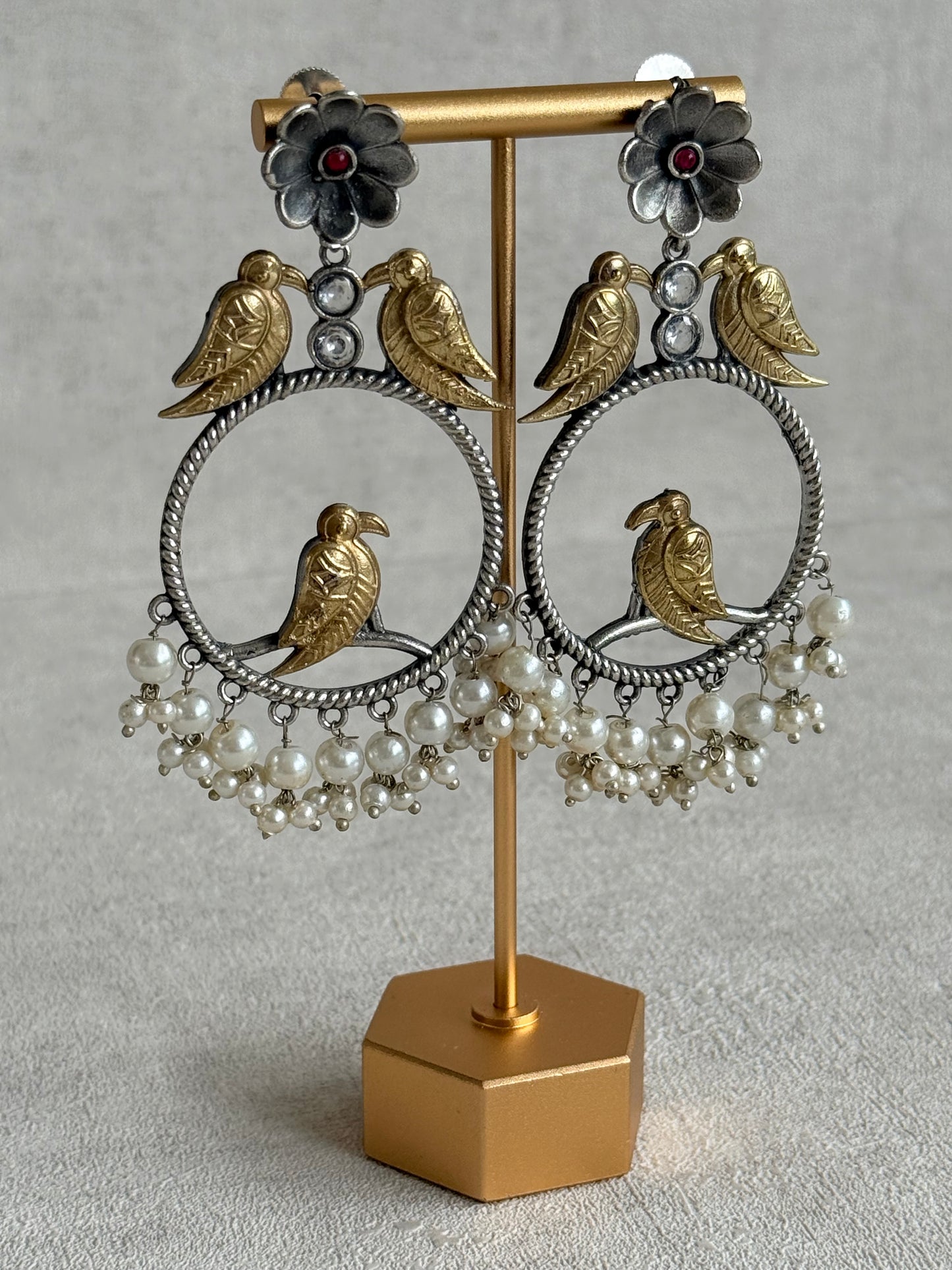 Ayura Designs Wasl Earrings – Dual Tone Oxidised Bird Hoop Earrings with Pearl Clusters