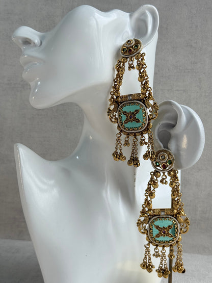 Ayura Designs Hazar Earrings – Gold Peacock Design with Mint Green Enamel, Multicoloured Stones, Pearl Beading & Ghungroo Detailing