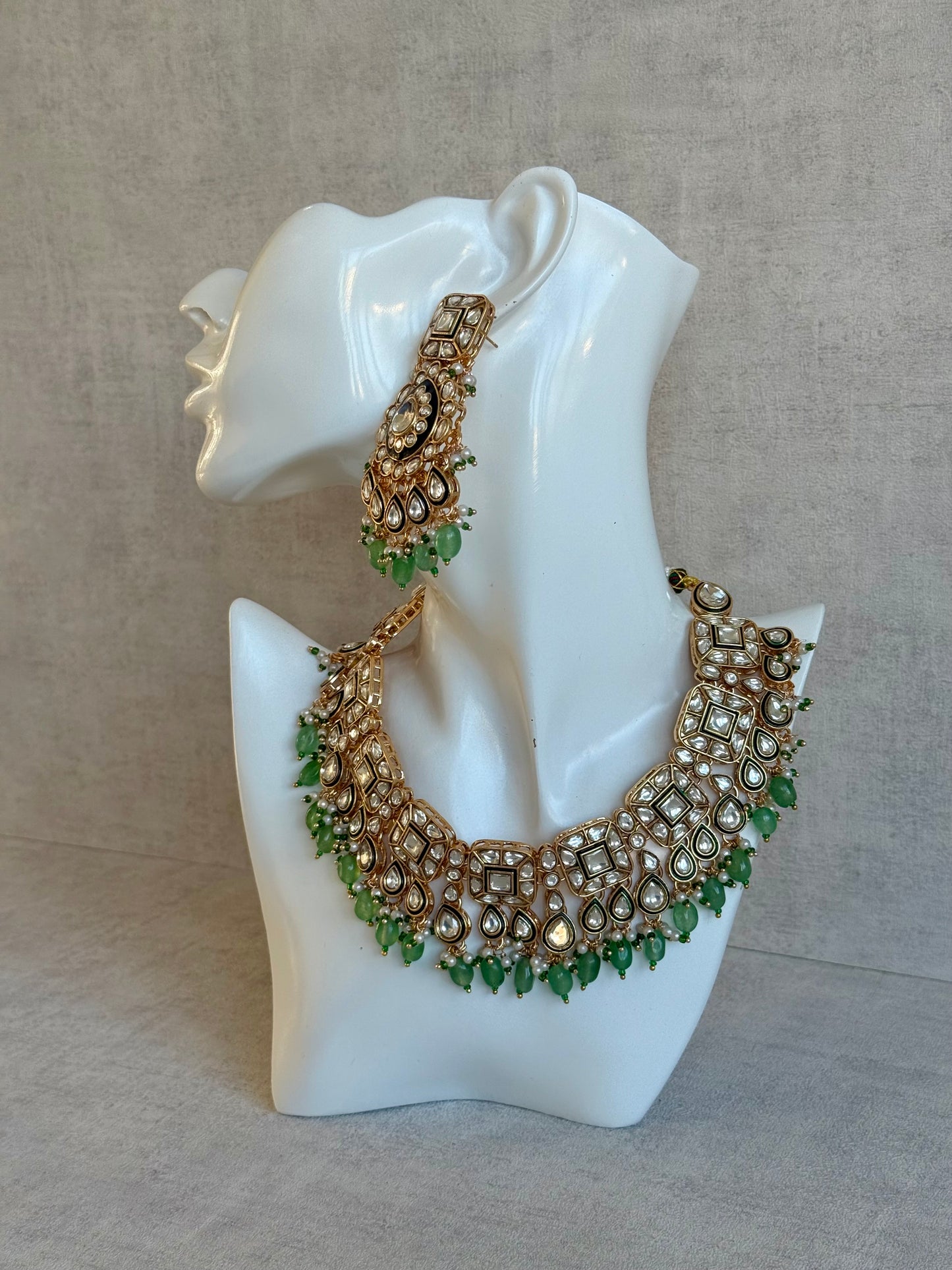 Ayura Designs Ishrat Set with Necklace, Earrings & Tikka – Kundan Detailing, Pearl Drops & Sage Green Beads
