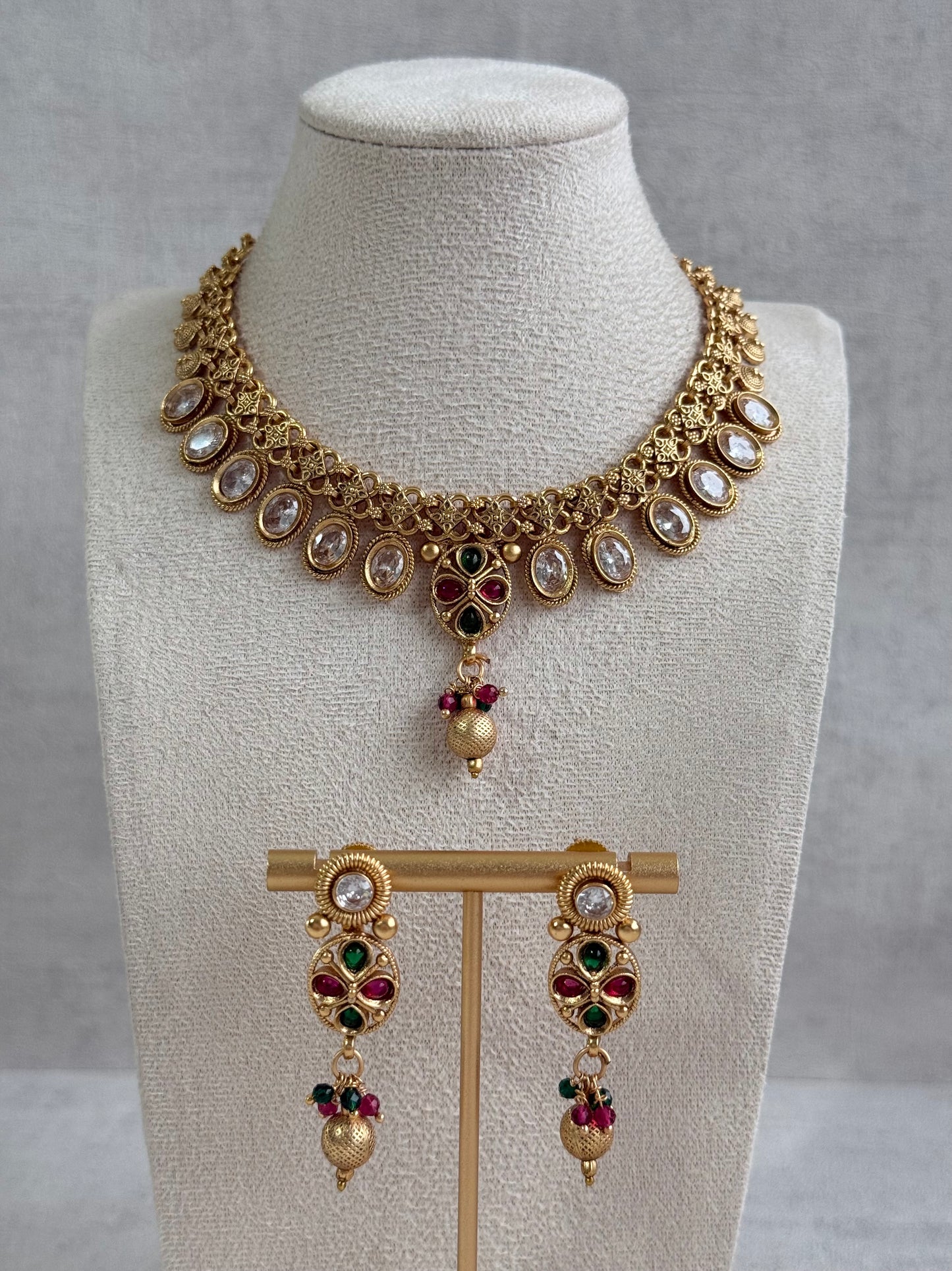 Ayura Designs Perniya Set with Necklace & Earrings – Mirror-Cut Stones with Multicolour Accents in Antique Gold Finish