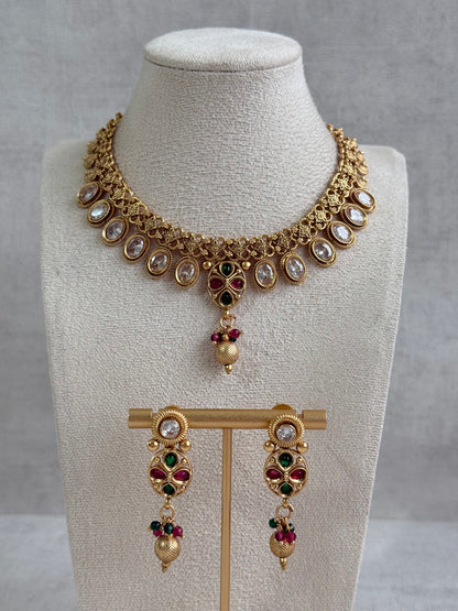 Ayura Designs Perniya Set with Necklace & Earrings – Mirror-Cut Stones with Multicolour Accents in Antique Gold Finish