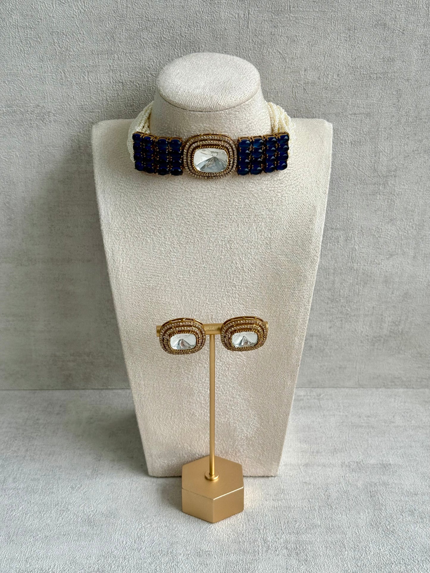 Ayura Designs Emma Choker Set – Sapphire Blue Gemstone Choker & Studs with Mirror-Cut Centrepiece, Pearl Strands & Crystal Borders