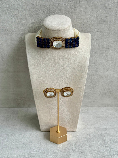 Ayura Designs Emma Choker Set – Sapphire Blue Gemstone Choker & Studs with Mirror-Cut Centrepiece, Pearl Strands & Crystal Borders