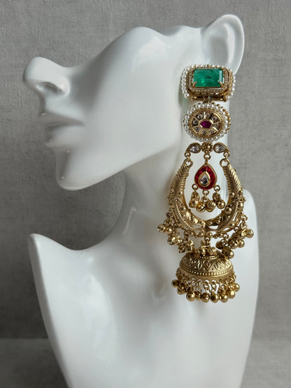 Ayura Designs Zirwa Earrings – Statement Jhumkis with Jade Green Stones, Ruby Accents, Pearl Borders & Ghungroos