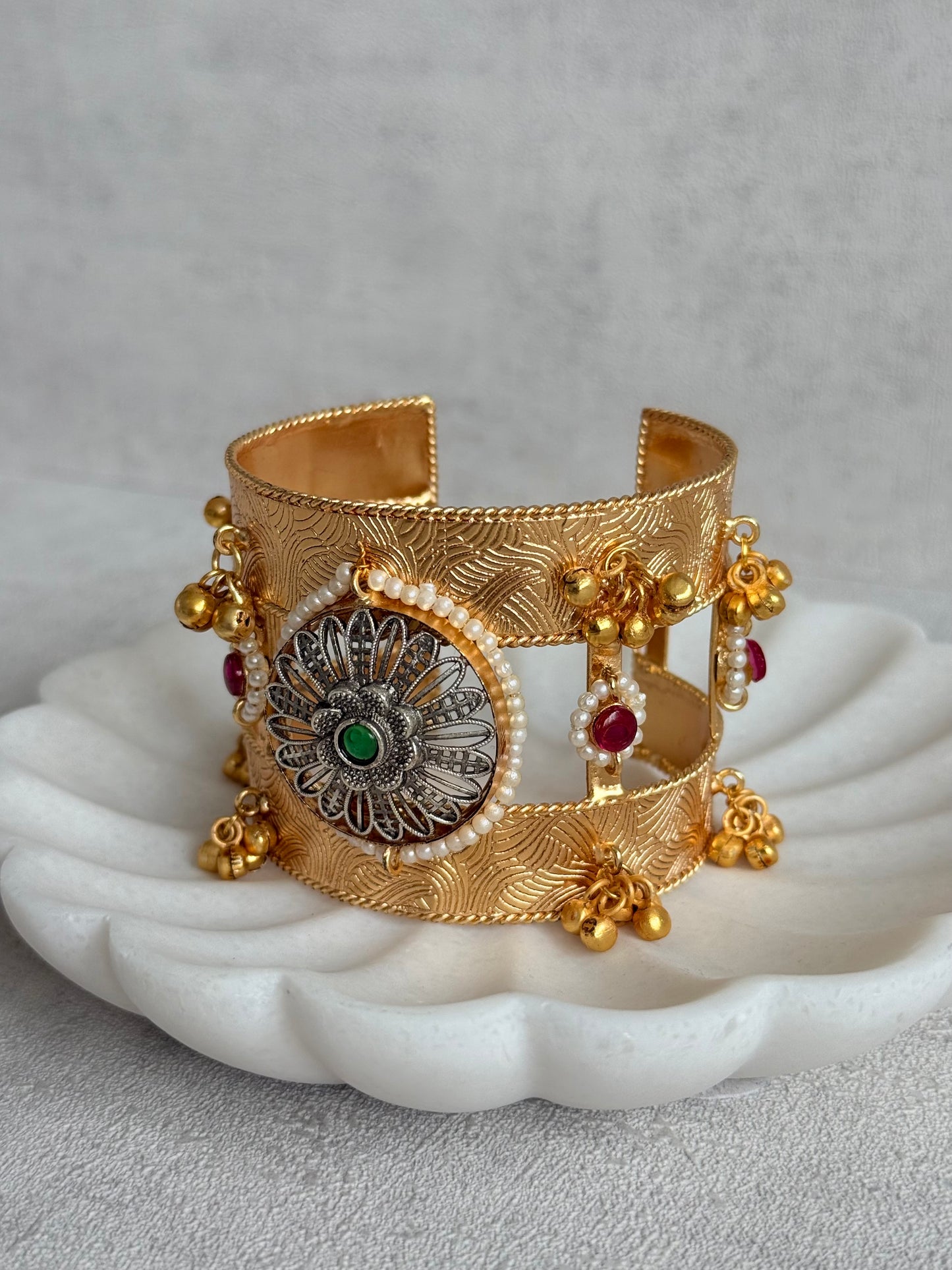 Ayura Designs Omita Adjustable Kashmiri Cuff Bracelet – Floral Medallion with Pearl, Ruby & Emerald Detailing