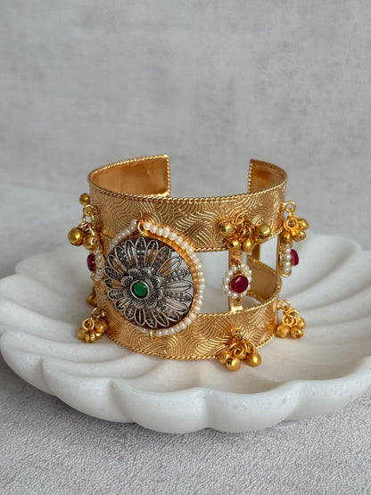 Ayura Designs Omita Adjustable Kashmiri Cuff Bracelet – Floral Medallion with Pearl, Ruby & Emerald Detailing