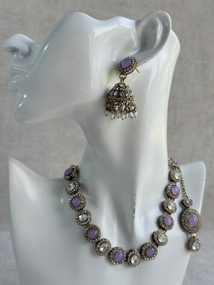 Ayura Designs Eira Necklace Set with Earrings & Tikka – Lilac & Crystal Stones with Antique Gold Finish
