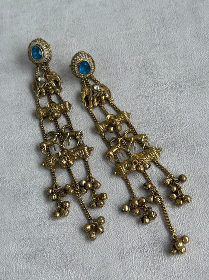 Ayura Designs Sonal Earrings – Antique Gold Dangler Earrings with Elephant & Deer Motifs, Blue Stone Tops & Ghungroo Detailing