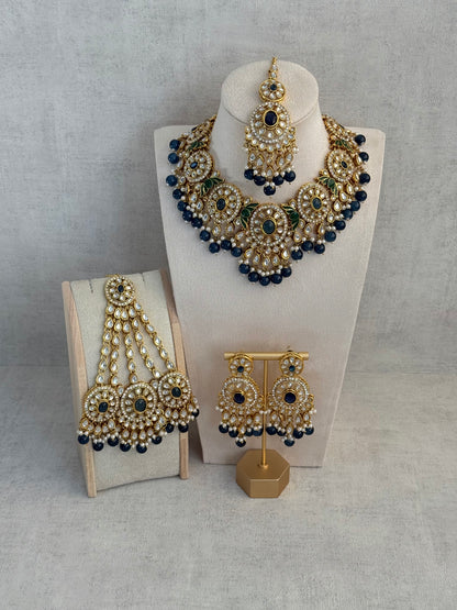 Ayura Designs Zara Set with Necklace, Earrings, Tikka & Passa – Antique Gold with Kundan Detailing & Ink Blue Stones & Beads