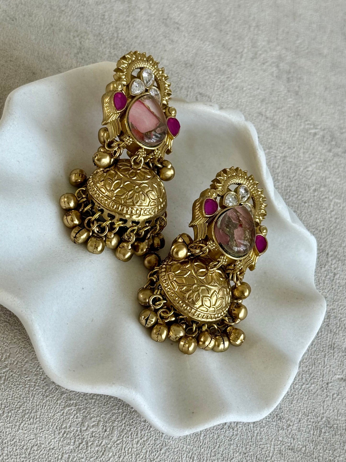 Ayura Designs Avleen Earrings – Rose Pink Marble with Antique Gold Jhumkis