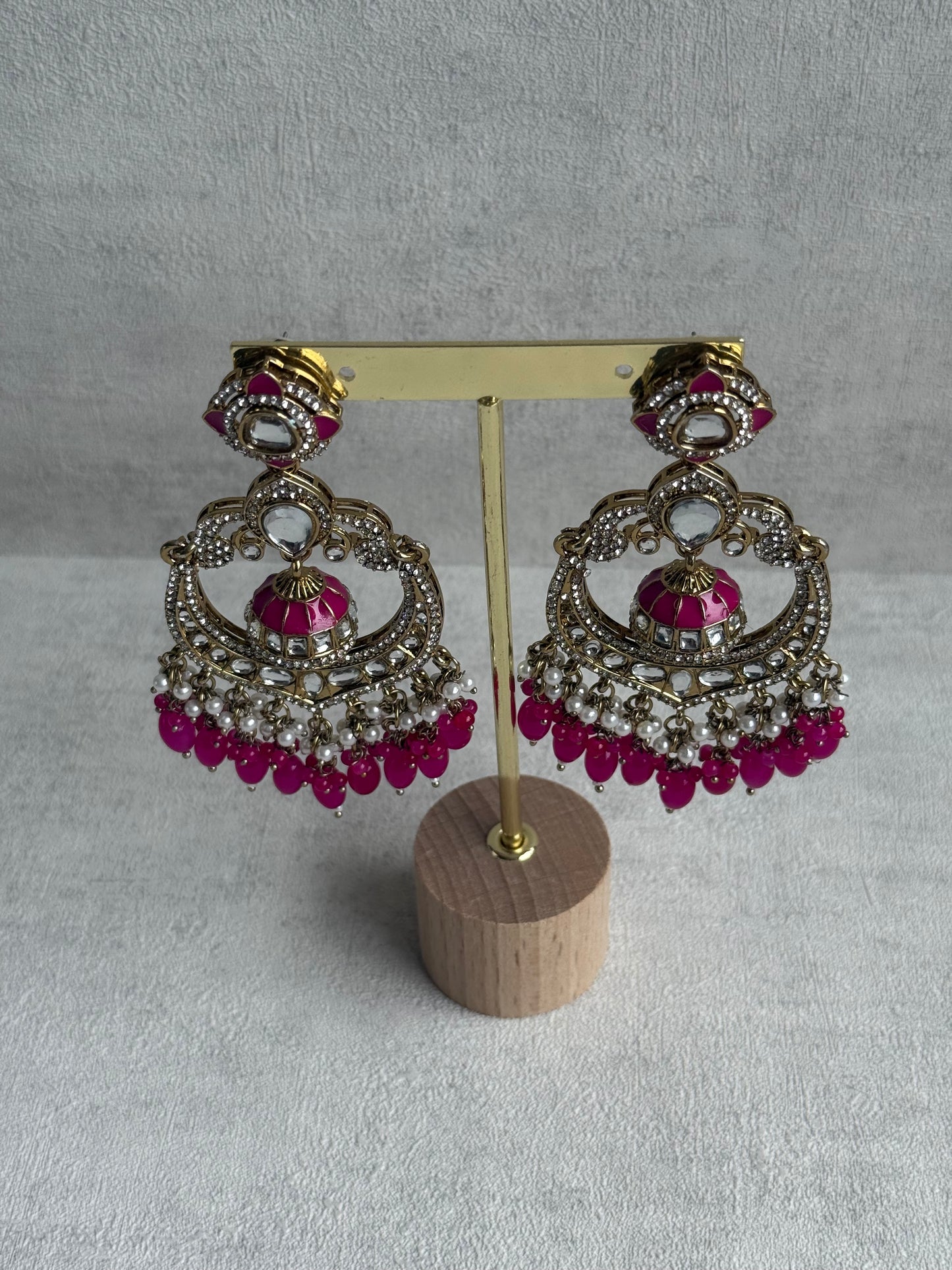 Ayura Designs Reha Earrings – Statement Chandbalis with Hot Pink Beads, Pearls & Mirror-Cut Stones