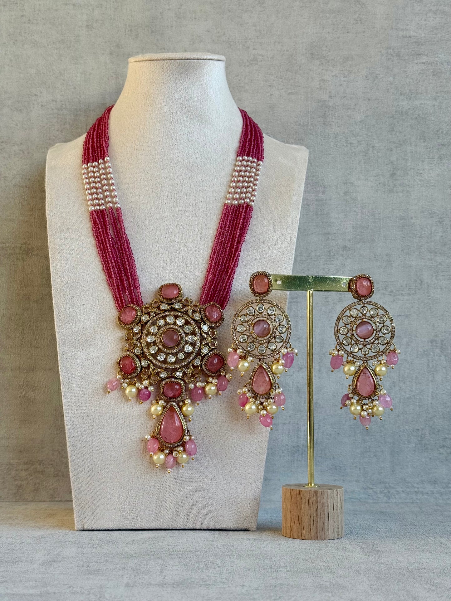 Ayura Designs Julia Set – Kundan Necklace & Earrings with Rose Pink Stones, Pearls & Crystal Detailing
