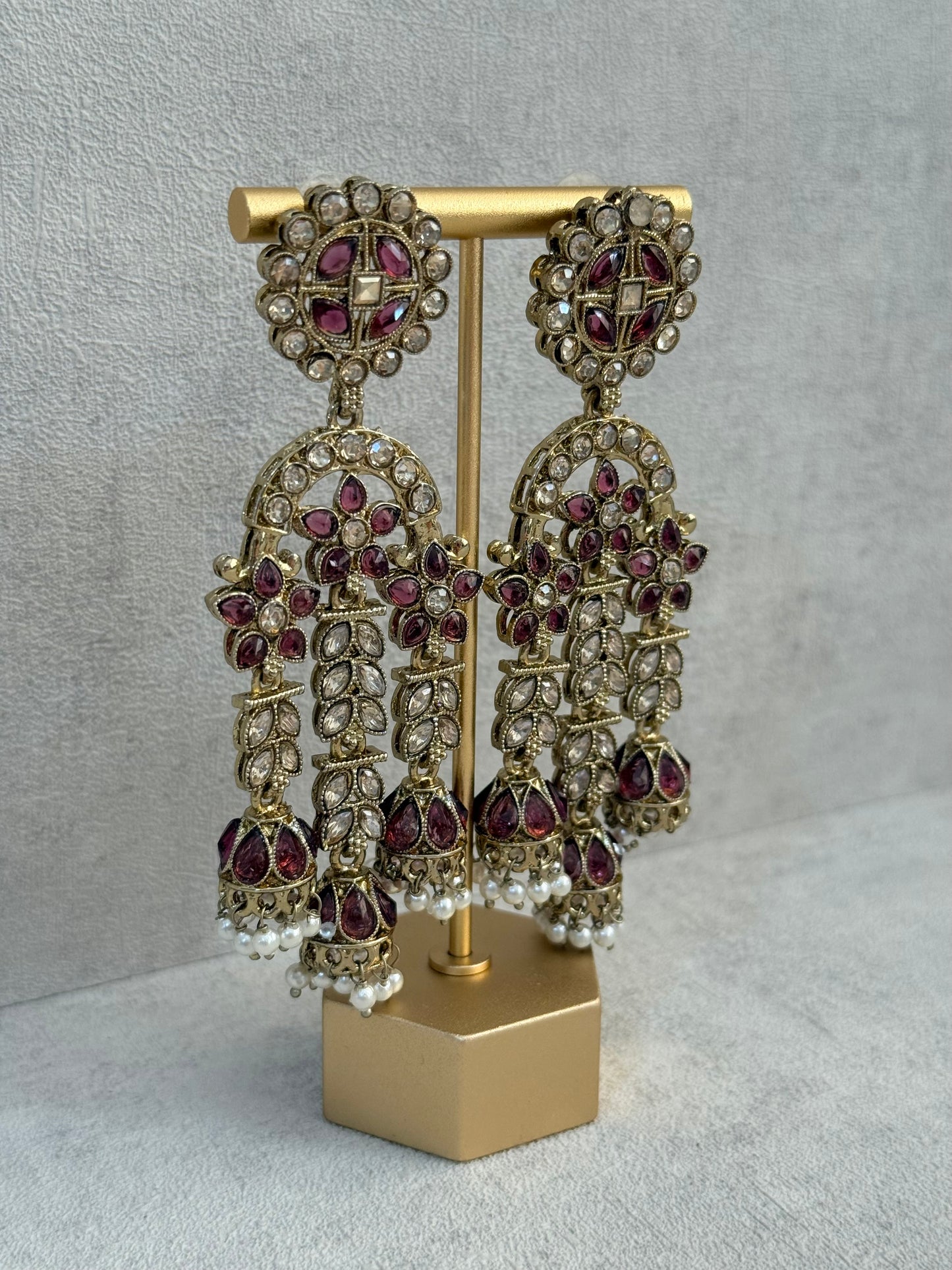 Ayura Designs Soraya Earrings – Deep Berry Stones, Champagne Crystals, Pearl Detailing & Gold Finish