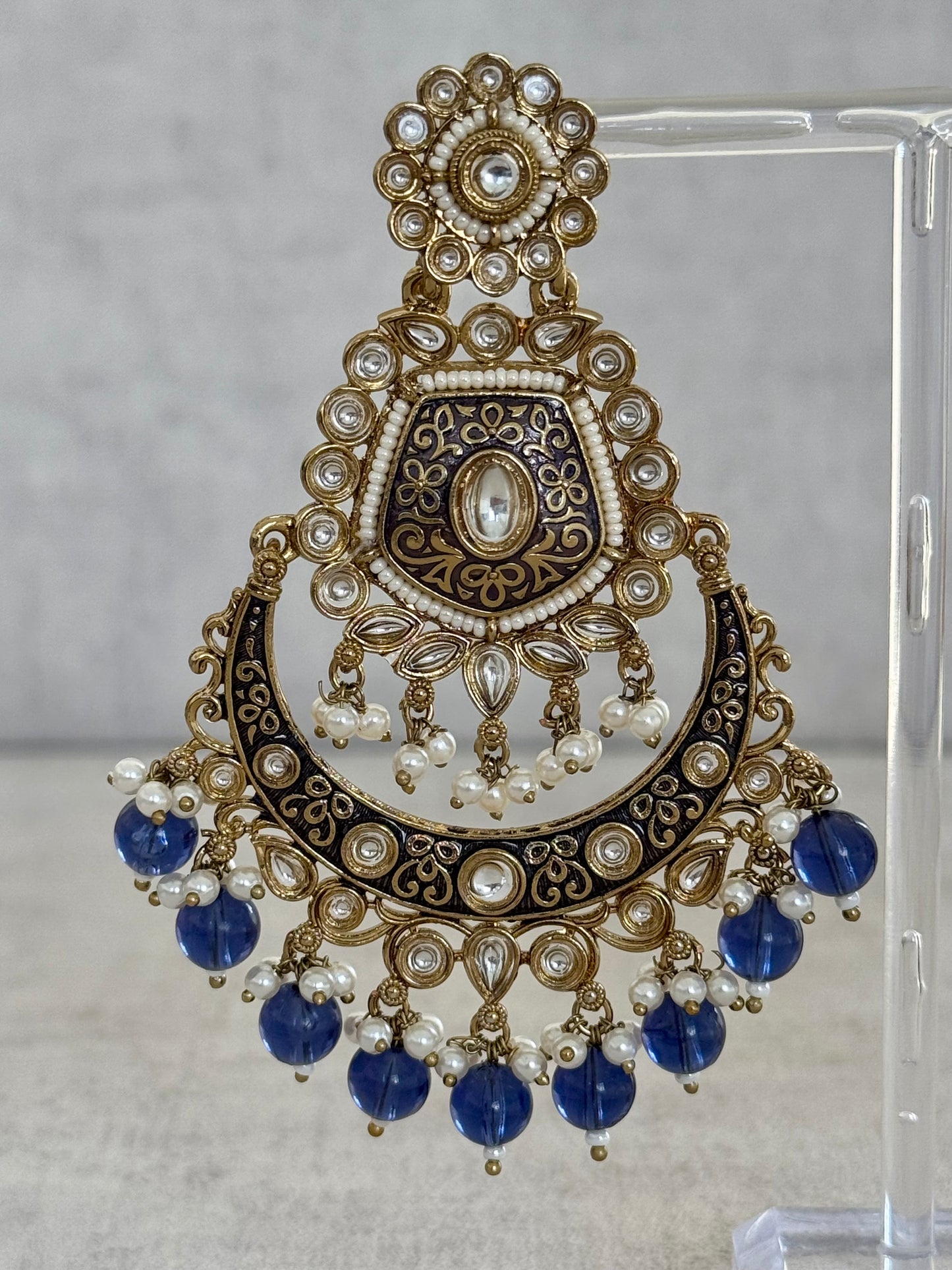 Ayura Designs Safa Antique Gold-Plated Chandbali Earrings with Pearl and Blue Bead Accents