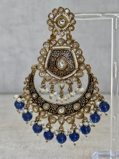 Ayura Designs Safa Antique Gold-Plated Chandbali Earrings with Pearl and Blue Bead Accents