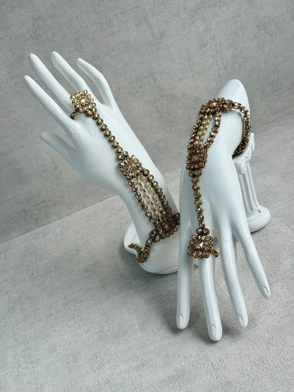 Ayura Designs Rupi Haathphool – Antique Gold with Champagne Stones & Pearl Detailing