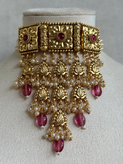 Ayura Designs Nimrah Choker Set with Earrings & Tikka – Ruby Pink Gold Tone Waterfall Jewellery Set