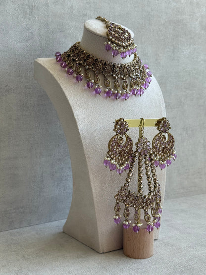 Ayura Designs Nehaat Set with Choker, Earrings, Tikka & Passa – Antique Gold with Lavender Beads, Pearls & Kundan Detailing