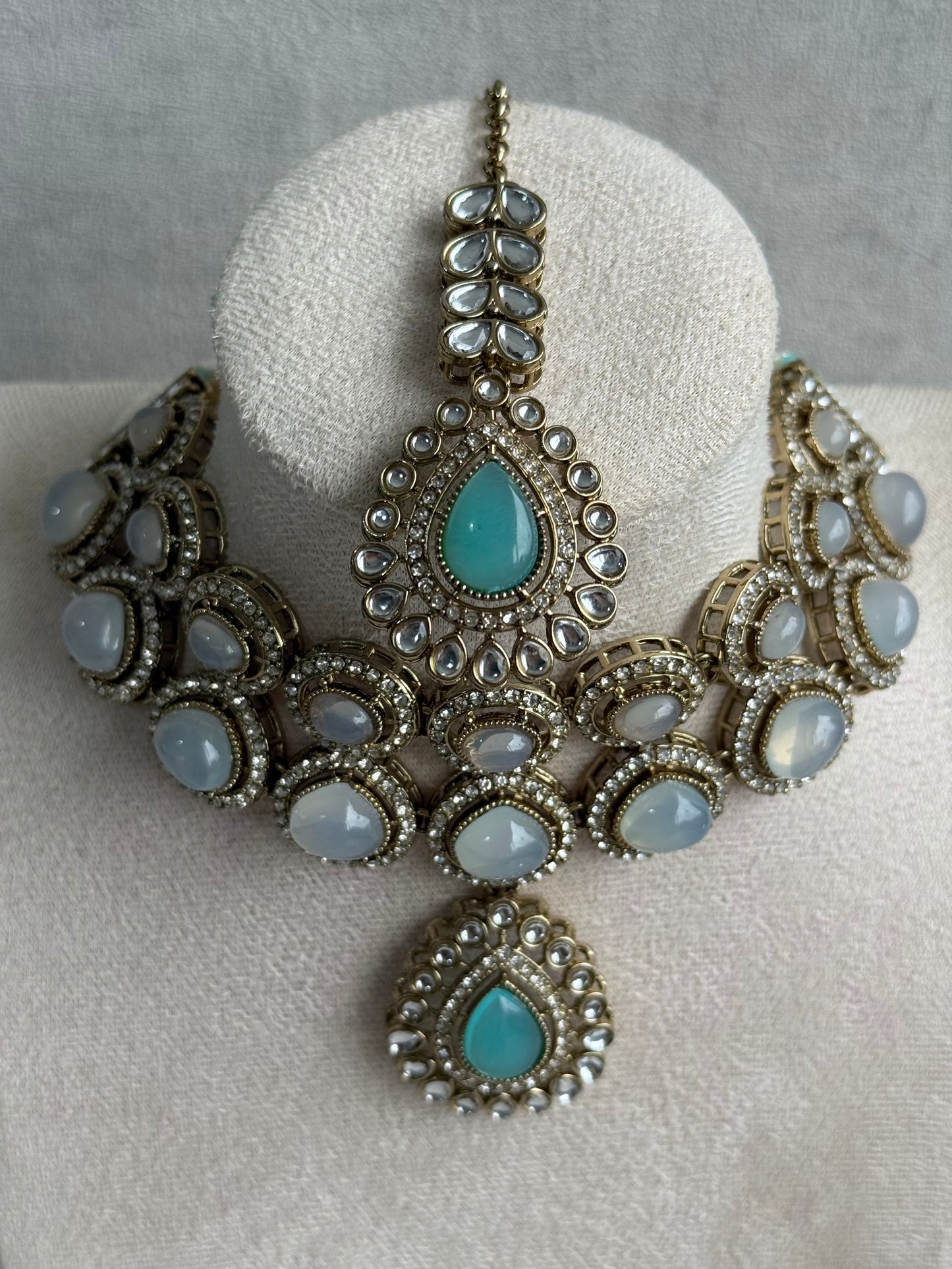 Ayura Designs Tamara Set with Necklace, Earrings & Tikka – Aqua & Opal Stones with Kundan Detailing in Antique Gold Finish