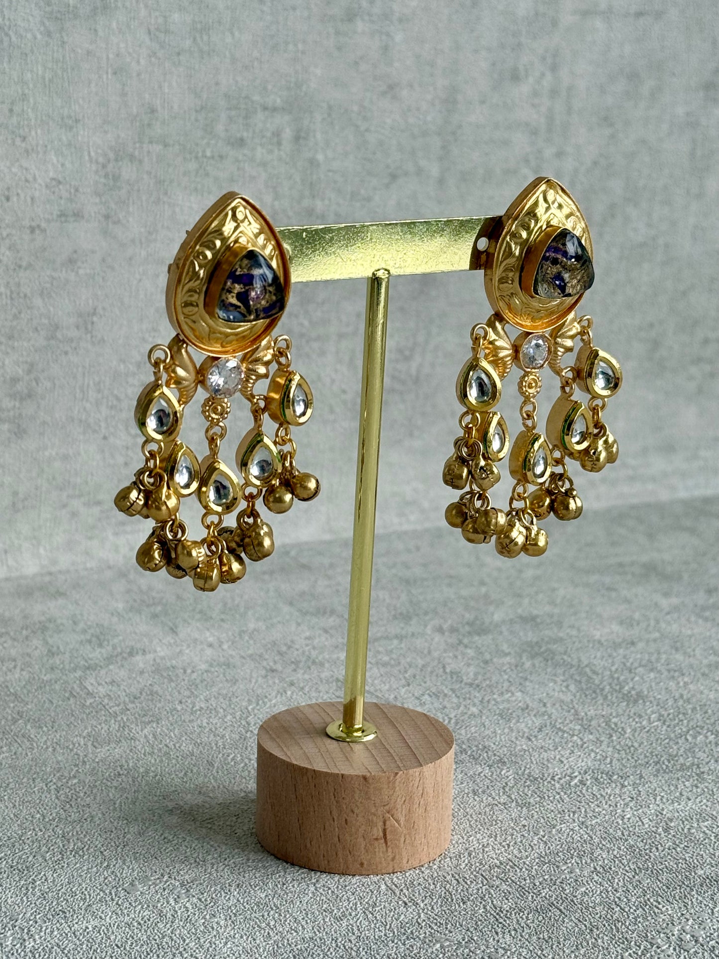 Ayura Designs Arheer Earrings – Violet & Gold Marble with Kundan Detailing & Antique Gold Ghungroos