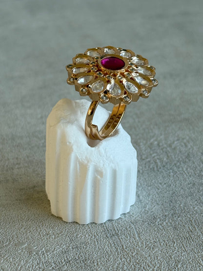 Ayura Designs Luisa Adjustable Ring – Pink Centre Stone with Crystal Petal Detailing