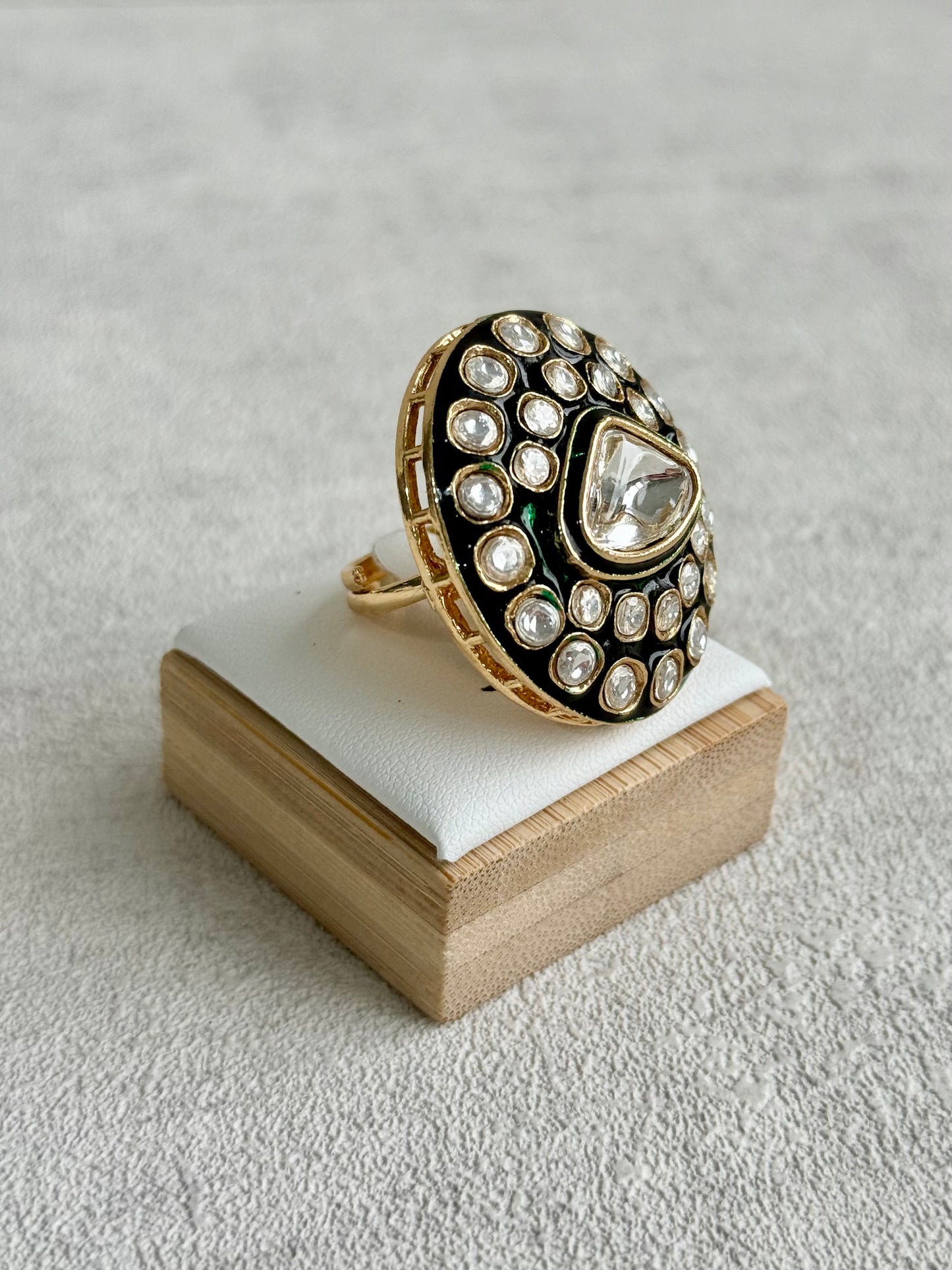 Ayura Designs Firdos Adjustable Ring – Mirror-Cut Stone Statement Ring with Green Enamel